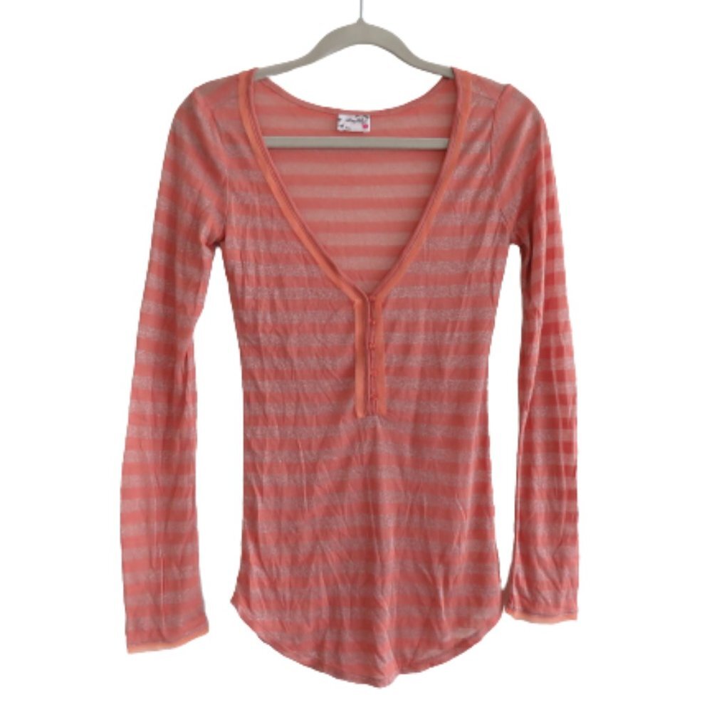FREE PEOPLE Peach Metallic Striped V-Neck Henley Top - Size S - Picture 1 of 16